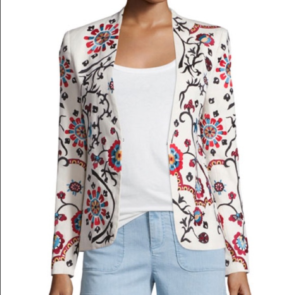 Embroidered Open-Front Floral Jacket in Ivory